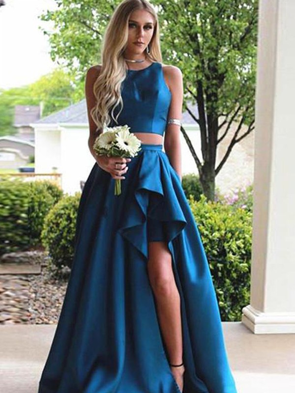 A-Line/Princess Sleeveless Scoop Sweep/Brush Train Ruffles Satin Two Piece Dresses 4584