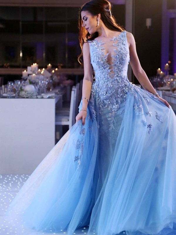 Ball Gown Sleeveless Scoop Sweep/Brush Train Applique Tulle Dresses 5712