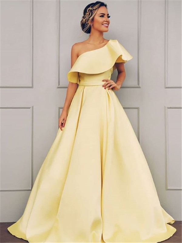 A-Line/Princess Sleeveless One-Shoulder Floor-Length Ruffles Satin Dresses 4569