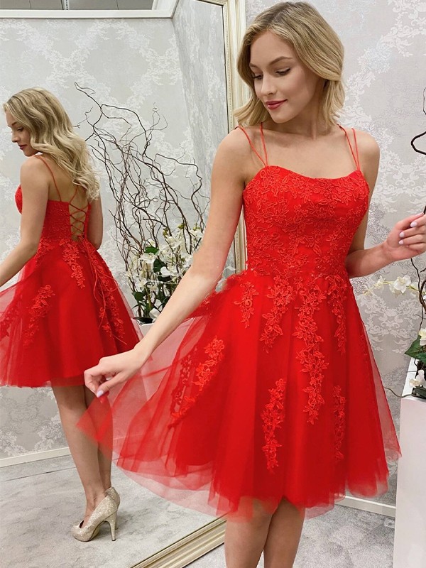 A-Line/Princess Tulle Applique Spaghetti Straps Sleeveless Short/Mini Dresses 5174