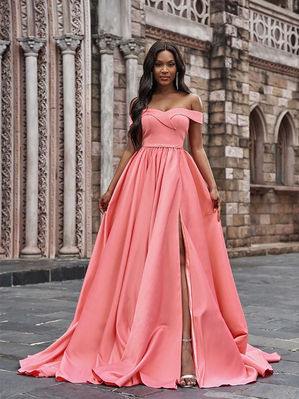 A-Line/Princess Satin Sleeveless Ruffles Off-the-Shoulder Court Train Dresses 4250