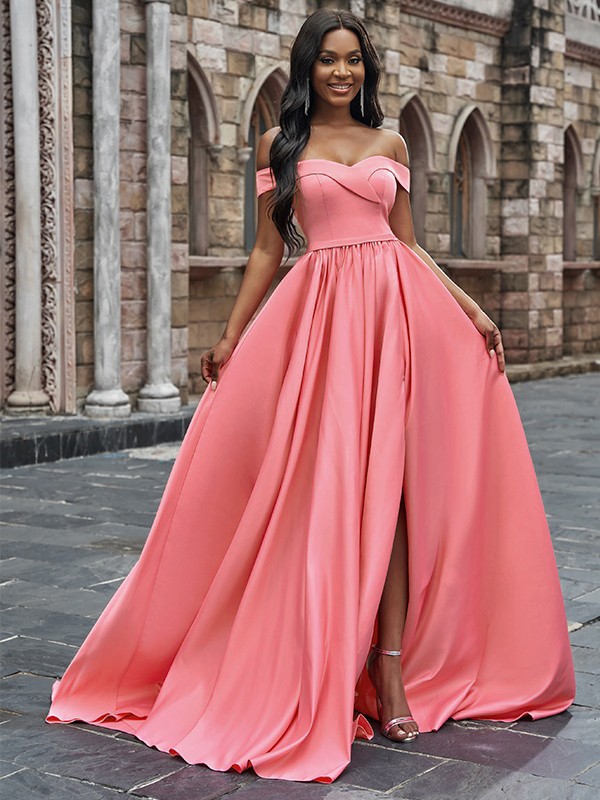 A-Line/Princess Satin Sleeveless Ruffles Off-the-Shoulder Court Train Dresses 4250