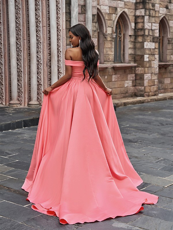 A-Line/Princess Satin Sleeveless Ruffles Off-the-Shoulder Court Train Dresses 4250