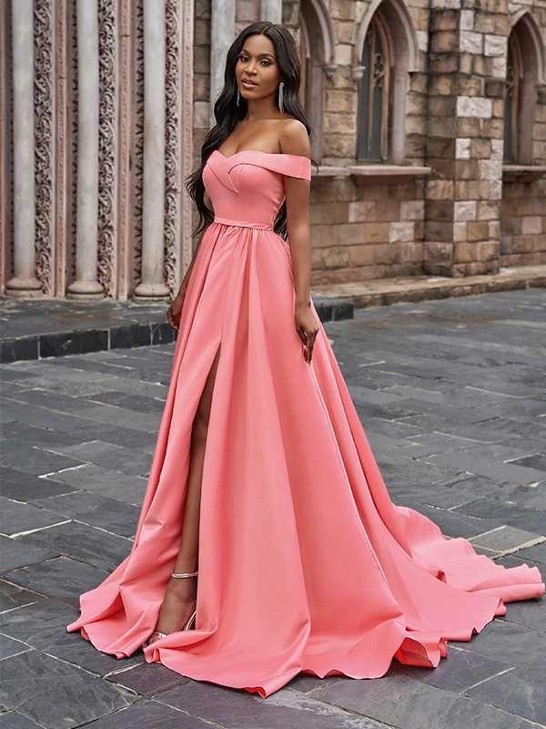 A-Line/Princess Satin Sleeveless Ruffles Off-the-Shoulder Court Train Dresses 4250