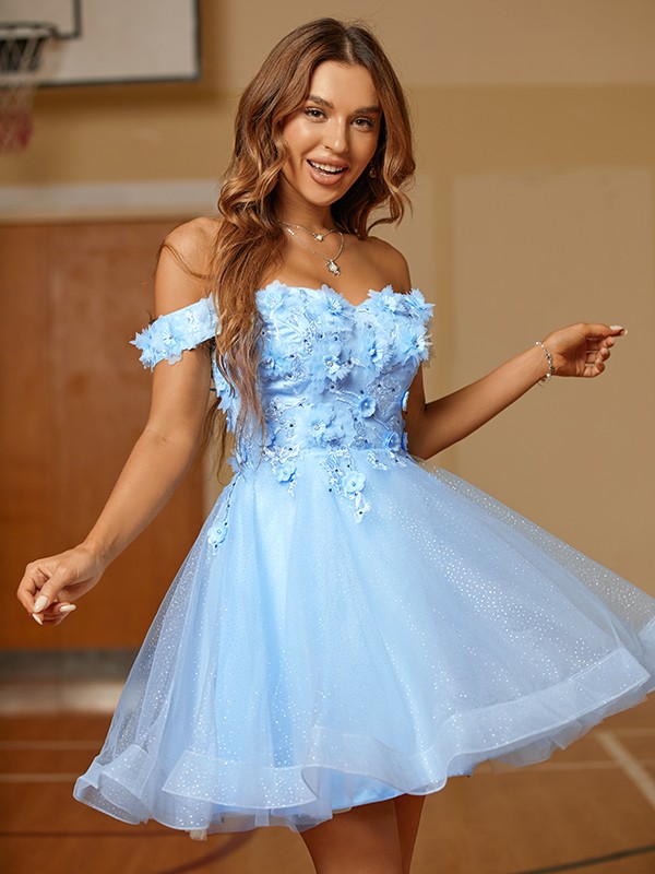 A-Line/Princess Tulle Applique Off-the-Shoulder Sleeveless Short/Mini Dresses 5149