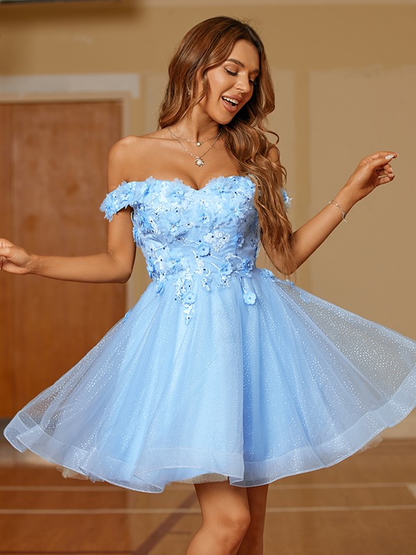 A-Line/Princess Tulle Applique Off-the-Shoulder Sleeveless Short/Mini Dresses 5149