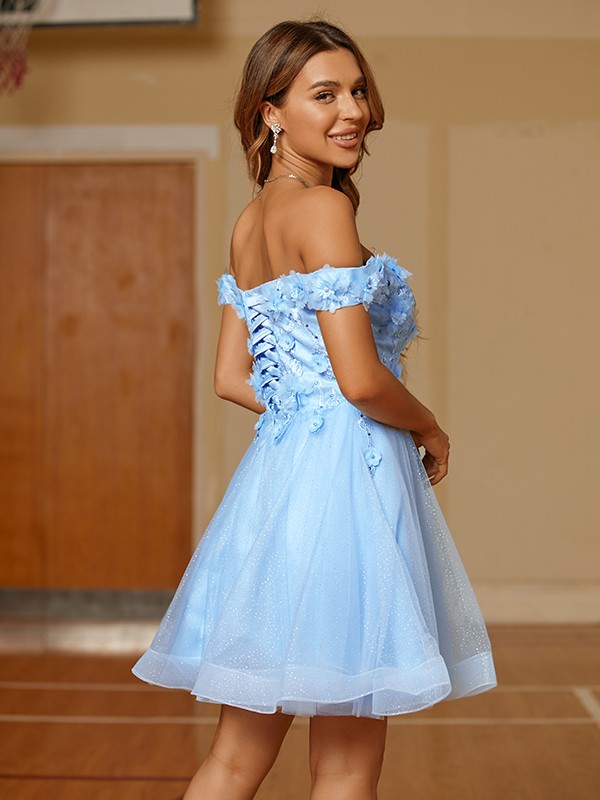 A-Line/Princess Tulle Applique Off-the-Shoulder Sleeveless Short/Mini Dresses 5149