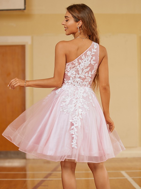 A-Line/Princess Tulle Lace One-Shoulder Sleeveless Short/Mini Dresses 5314