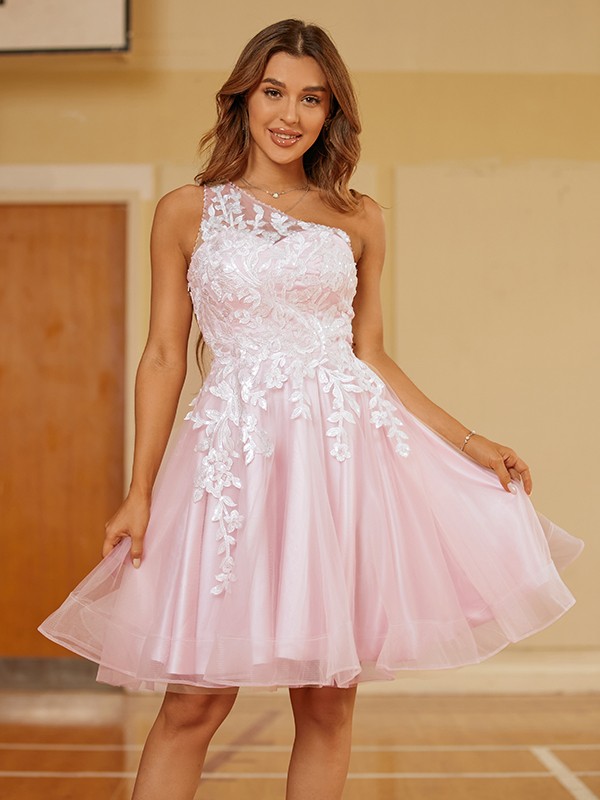 A-Line/Princess Tulle Lace One-Shoulder Sleeveless Short/Mini Dresses 5314