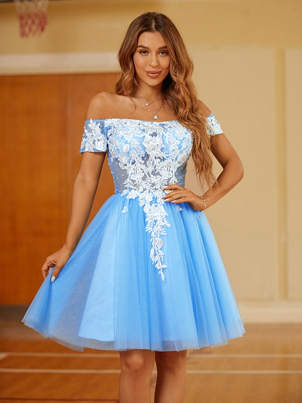 A-Line/Princess Tulle Lace Off-the-Shoulder Short Sleeves Short/Mini Dresses 5313