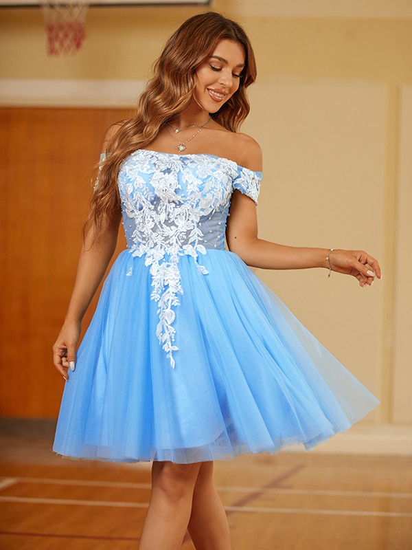 A-Line/Princess Tulle Lace Off-the-Shoulder Short Sleeves Short/Mini Dresses 5313