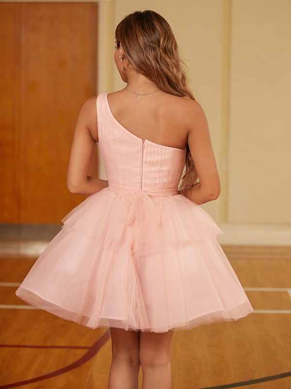 A-Line/Princess Tulle Ruffles One-Shoulder Sleeveless Short/Mini Dresses 5361