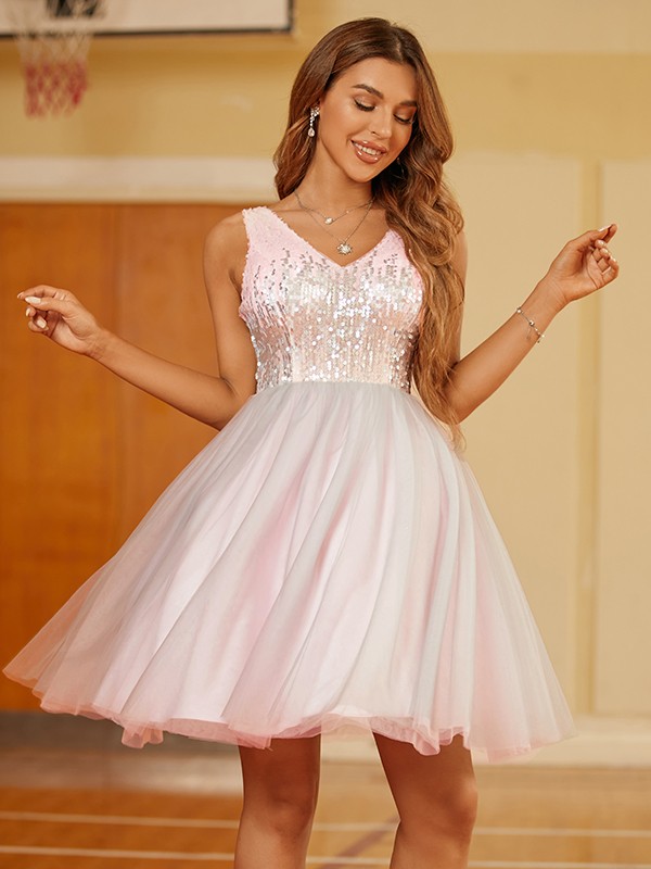 A-Line/Princess Sequin V-neck Sleeveless Short/Mini Dresses 4375