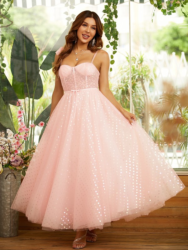 A-Line/Princess Ruffles Spaghetti Straps Sleeveless Ankle-Length Dresses 4006