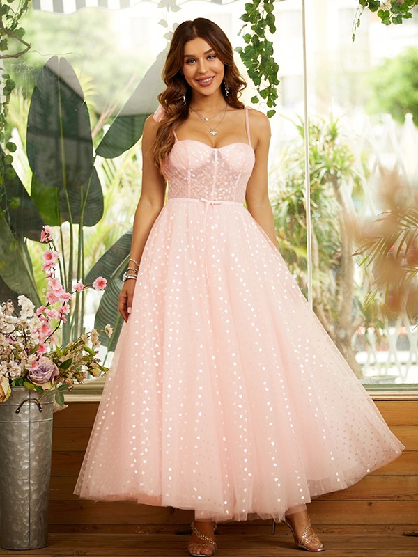 A-Line/Princess Ruffles Spaghetti Straps Sleeveless Ankle-Length Dresses 4006