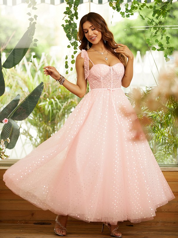 A-Line/Princess Ruffles Spaghetti Straps Sleeveless Ankle-Length Dresses 4006