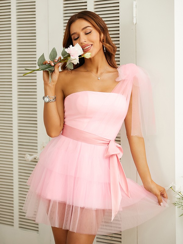 A-Line/Princess Tulle Sash/Ribbon/Belt One-Shoulder Sleeveless Short/Mini Dresses 5398