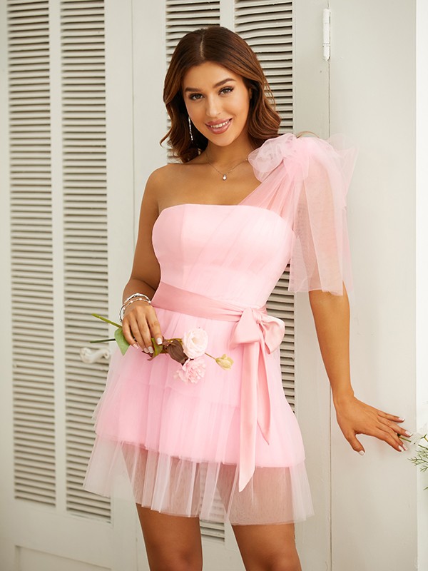 A-Line/Princess Tulle Sash/Ribbon/Belt One-Shoulder Sleeveless Short/Mini Dresses 5398