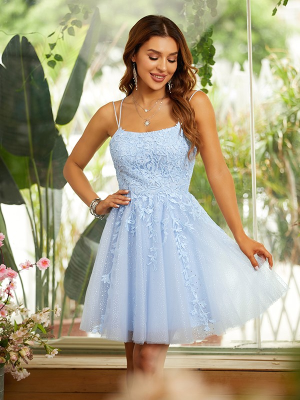 A-Line/Princess Tulle Applique Spaghetti Straps Sleeveless Short/Mini Dresses 5175