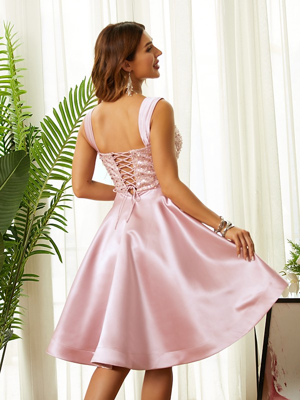 A-Line/Princess Satin Beading Straps Sleeveless Knee-Length Dresses 4079