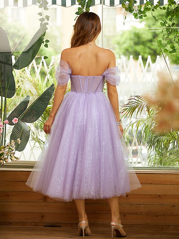 A-Line/Princess Tulle Ruffles Off-the-Shoulder Sleeveless Tea-Length Dresses 5359