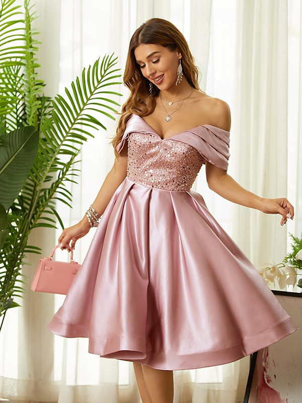 A-Line/Princess Satin Beading Off-the-Shoulder Sleeveless Knee-Length Dresses 4072