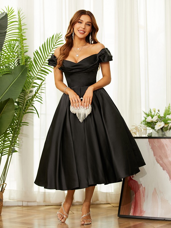 A-Line/Princess Satin Ruched Off-the-Shoulder Sleeveless Tea-Length Dresses 4126