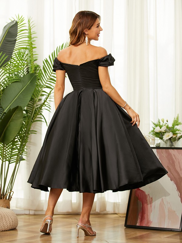 A-Line/Princess Satin Ruched Off-the-Shoulder Sleeveless Tea-Length Dresses 4126