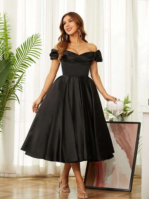 A-Line/Princess Satin Ruched Off-the-Shoulder Sleeveless Tea-Length Dresses 4126