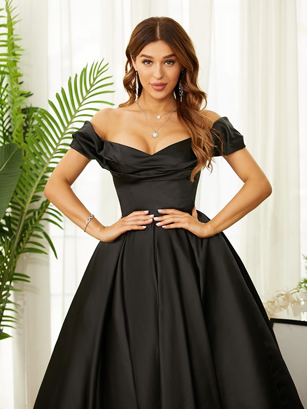 A-Line/Princess Satin Ruched Off-the-Shoulder Sleeveless Tea-Length Dresses 4126