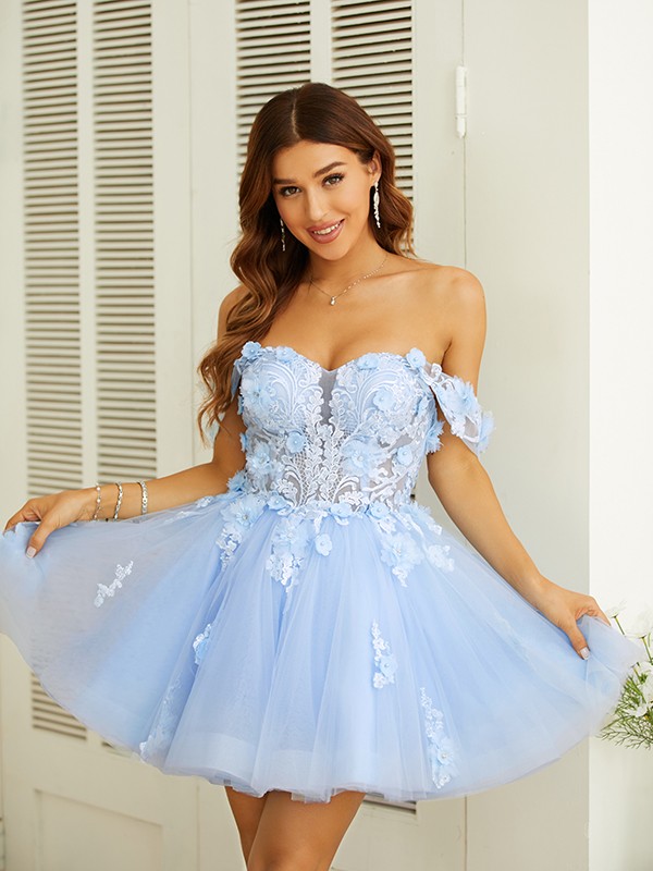 A-Line/Princess Tulle Applique Off-the-Shoulder Sleeveless Short/Mini Dresses 5150