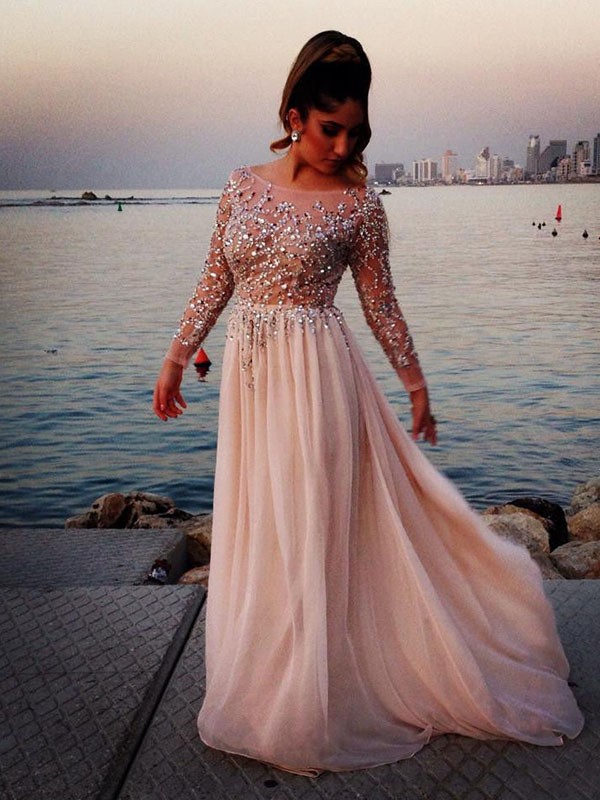 Long Sleeves A-line/Princess Bateau Beading Floor-length Chiffon Dress 5826