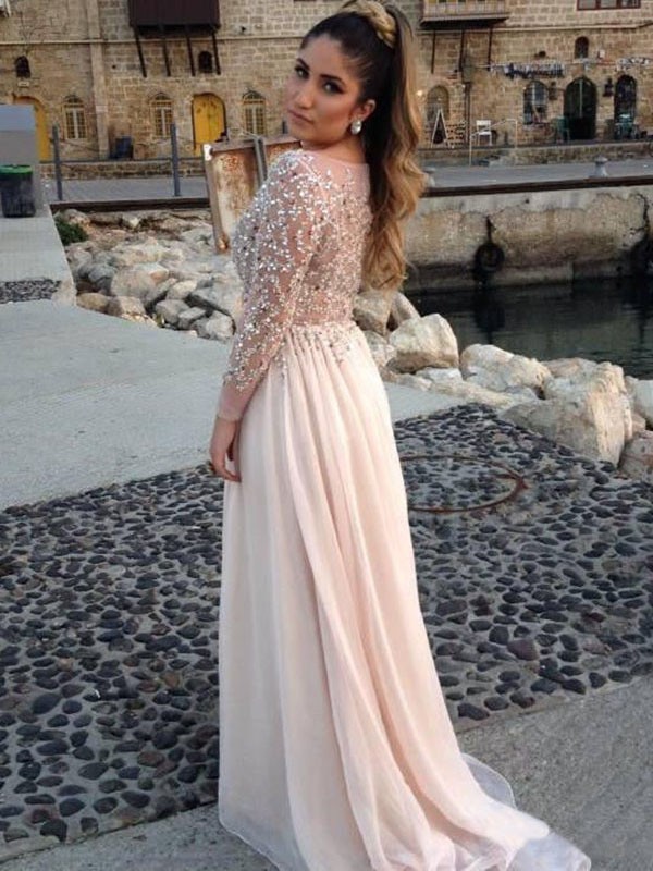 Long Sleeves A-line/Princess Bateau Beading Floor-length Chiffon Dress 5826