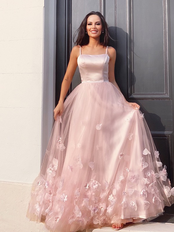 A-Line/Princess Tulle Hand-Made Flower Straps Floor-Length Sleeveless Dresses 5308