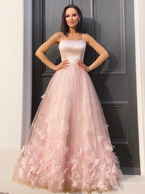 A-Line/Princess Tulle Hand-Made Flower Straps Floor-Length Sleeveless Dresses 5308