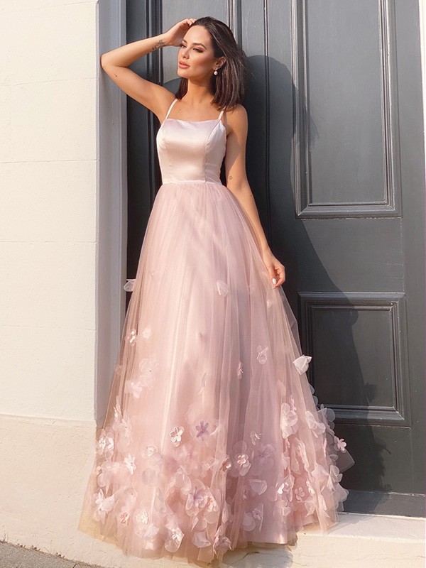 A-Line/Princess Tulle Hand-Made Flower Straps Floor-Length Sleeveless Dresses 5308