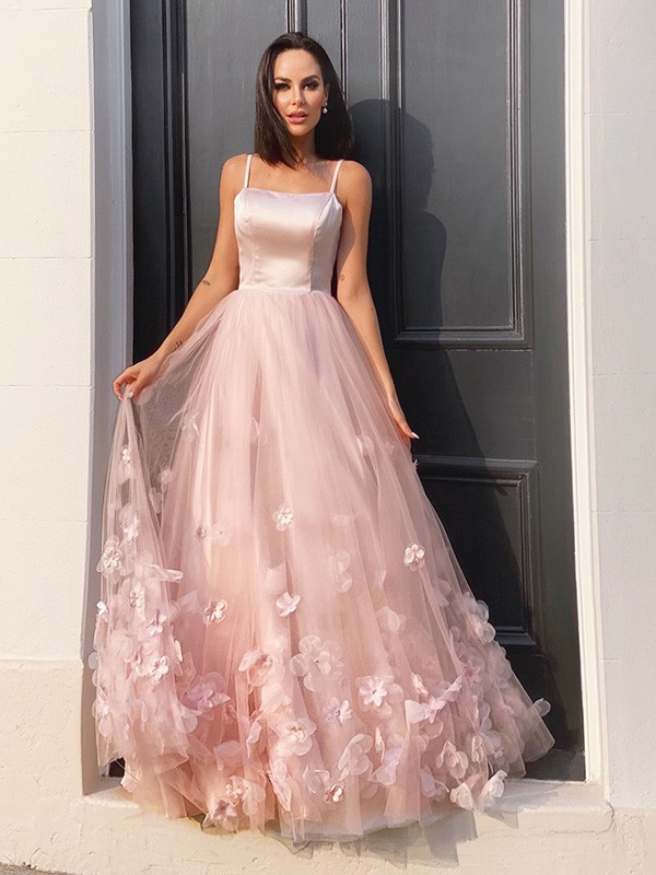 A-Line/Princess Tulle Hand-Made Flower Straps Floor-Length Sleeveless Dresses 5308