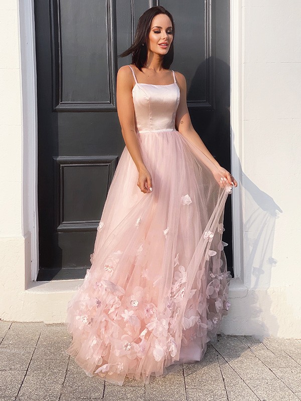 A-Line/Princess Tulle Hand-Made Flower Straps Floor-Length Sleeveless Dresses 5308