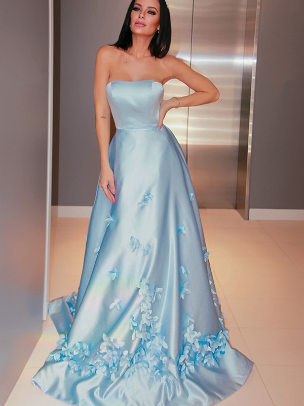 A-Line/Princess Satin Hand-Made Flower Strapless Sleeveless Sweep/Brush Train Dresses 4100