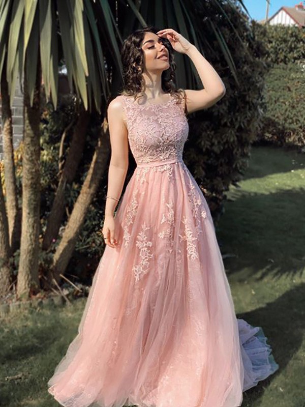 A-Line/Princess Tulle Applique Scoop Sleeveless Sweep/Brush Train Dresses 5164