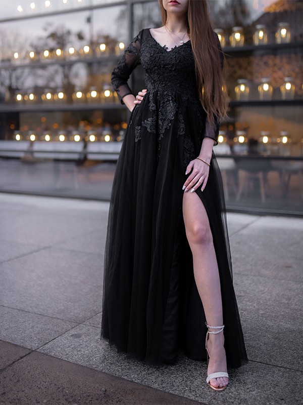 Ball Gown Tulle Long Sleeves Applique Off-the-Shoulder Floor-Length Dresses 5794