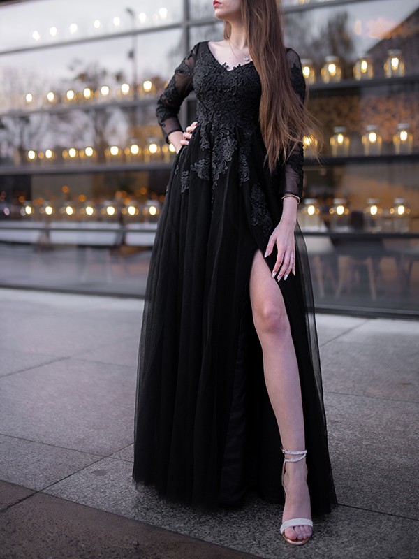 Ball Gown Tulle Long Sleeves Applique Off-the-Shoulder Floor-Length Dresses 5794