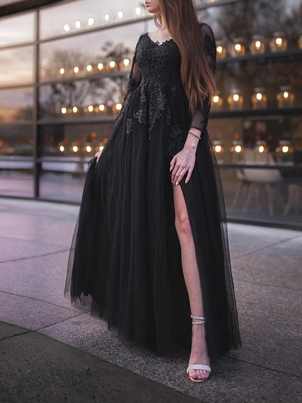 Ball Gown Tulle Long Sleeves Applique Off-the-Shoulder Floor-Length Dresses 5794