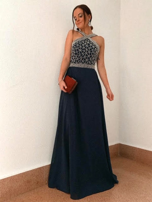 A-Line/Princess Chiffon Floor-Length Sleeveless Halter Beading Dresses 3465