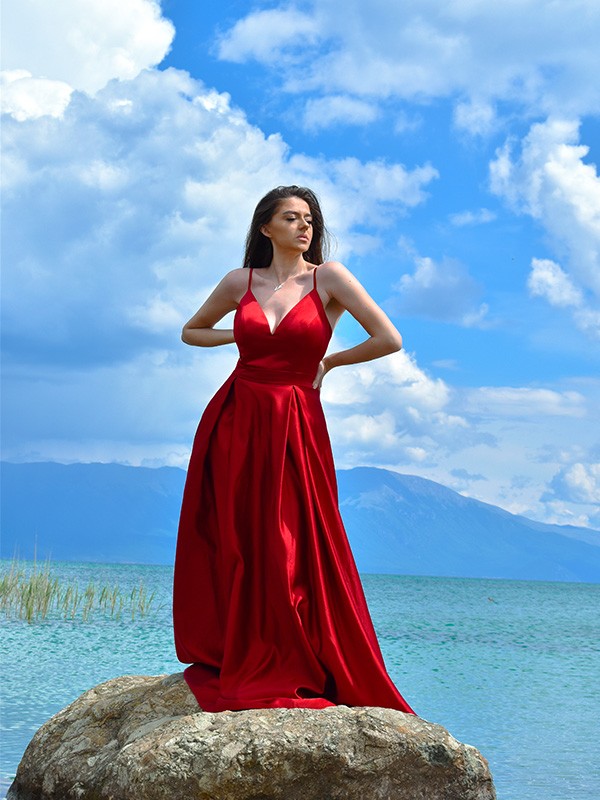 A-Line/Princess Satin Ruffles V-neck Floor-Length Sleeveless Dresses 4219