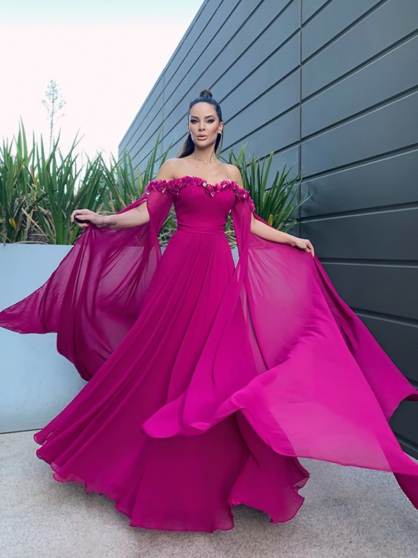 A-Line/Princess Chiffon Floor-Length Long Sleeves Ruffles Off-the-Shoulder Dresses 3464