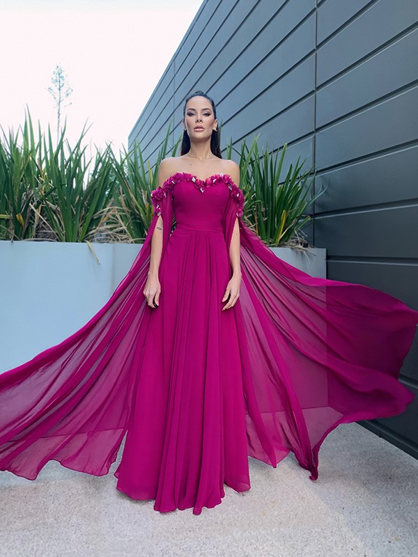 A-Line/Princess Chiffon Floor-Length Long Sleeves Ruffles Off-the-Shoulder Dresses 3464