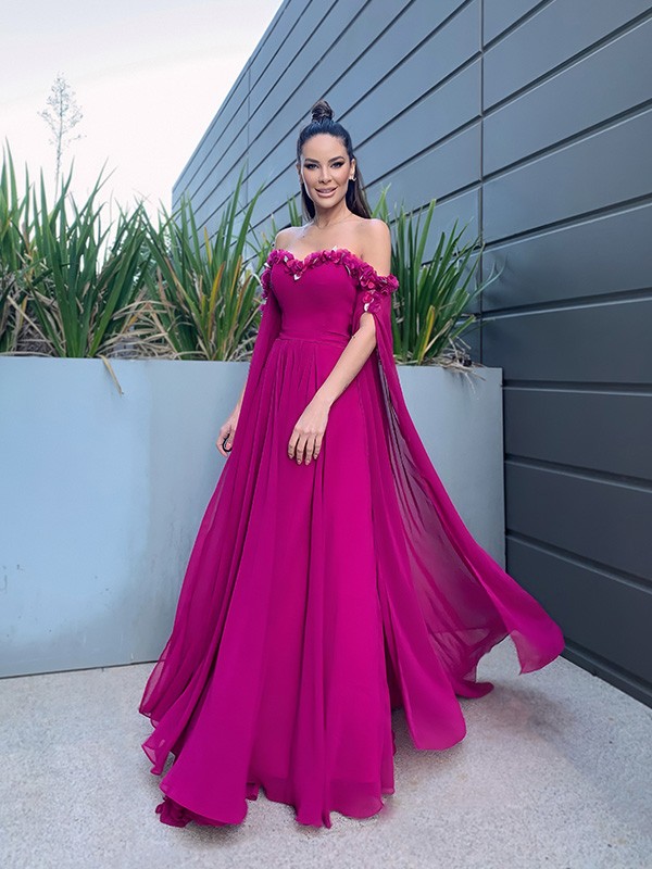 A-Line/Princess Chiffon Floor-Length Long Sleeves Ruffles Off-the-Shoulder Dresses 3464