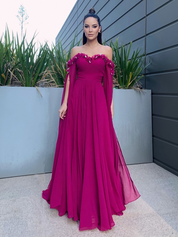 A-Line/Princess Chiffon Floor-Length Long Sleeves Ruffles Off-the-Shoulder Dresses 3464