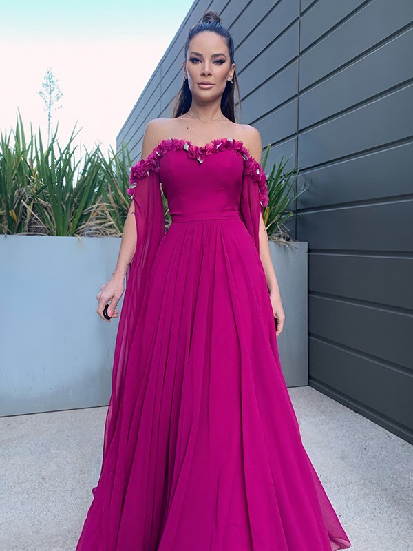 A-Line/Princess Chiffon Floor-Length Long Sleeves Ruffles Off-the-Shoulder Dresses 3464